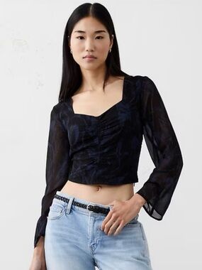 Banana Republic Black Sheer Square-Neck Ruched Crop Top NWT